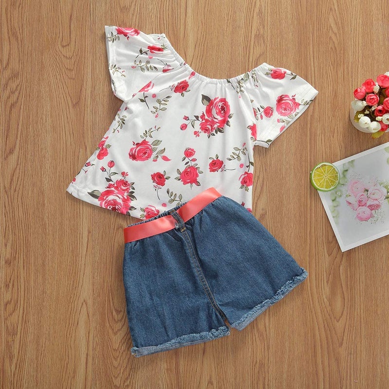 Bmnmsl طقم تي شيرت قصير الأكمام للفتيات الصغيرات من بمانمسل مع شورت جينز وزهور للأطفال 1T 2T 3T 4T 5T 6T ملابس صيفية (1، 5T) - Image 3